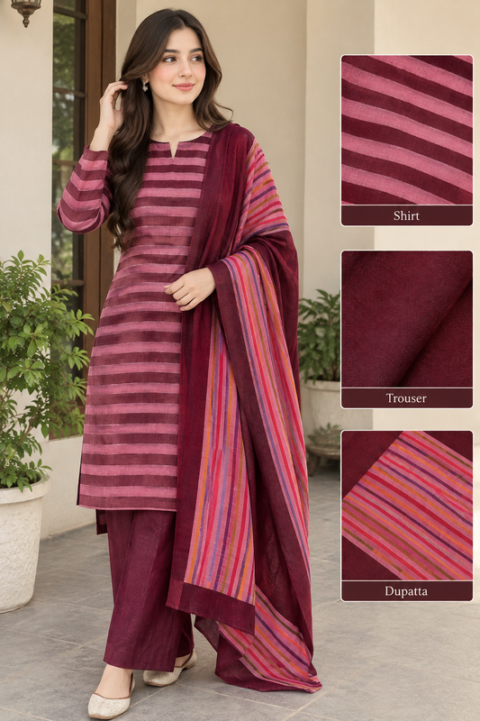 3pc Multani Susi Khaadi (maroon Pink)