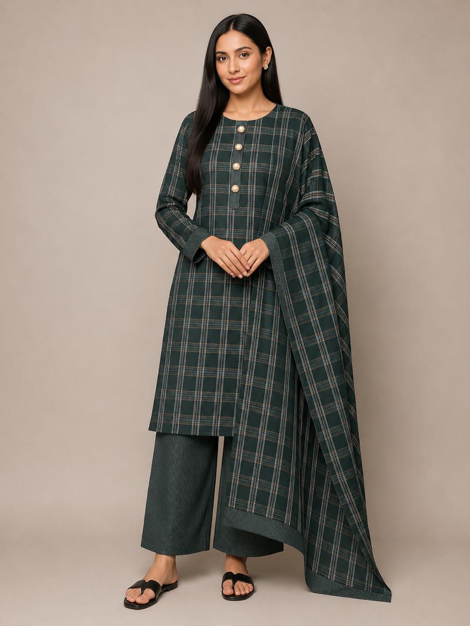 3pc Multani Susi Khaadi (Green Chek)